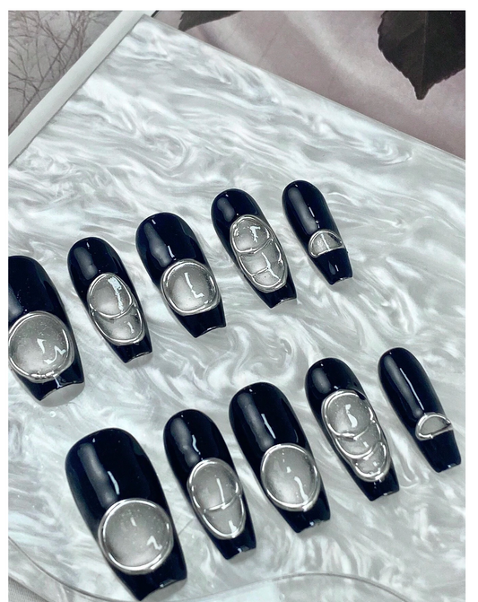 Feline Finesse: 10pcs/Pack Coffin-Shaped Cat Eye False Nail Tips with 3D Embellishments!