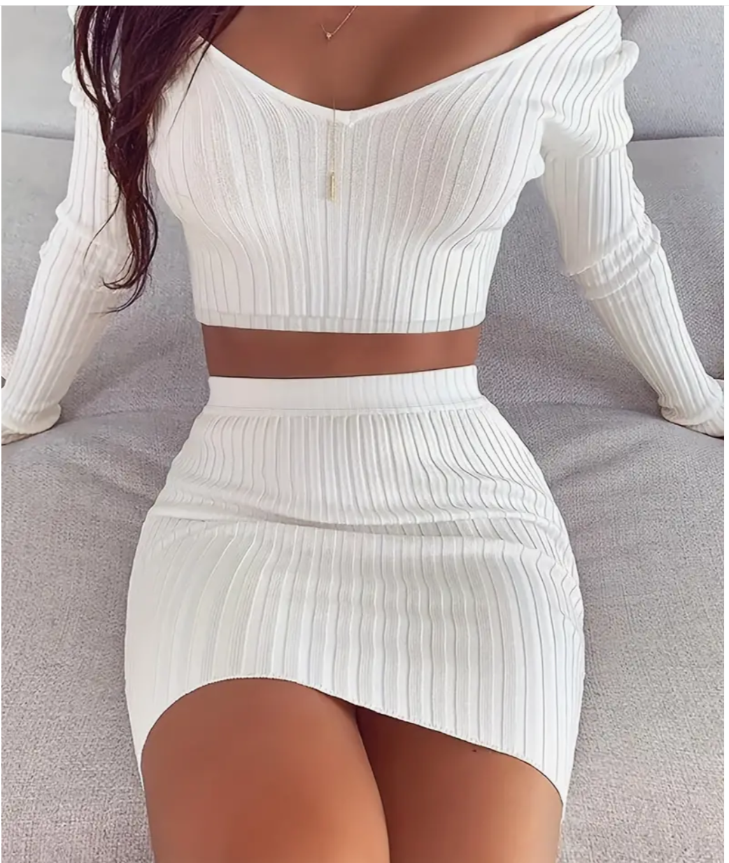 Chic Comfort: Ribbed Solid Two-Piece Skirt Set – Crop Long Sleeve T-shirt & Stylish Skirt Outfits for Women!