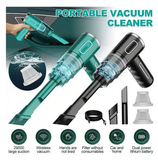 Sleek & Powerful: 1pc Rechargeable Black Car Vacuum Cleaner – Cordless Convenience with Double Filter, High Suction Power, and Mini Air Blower Magic!