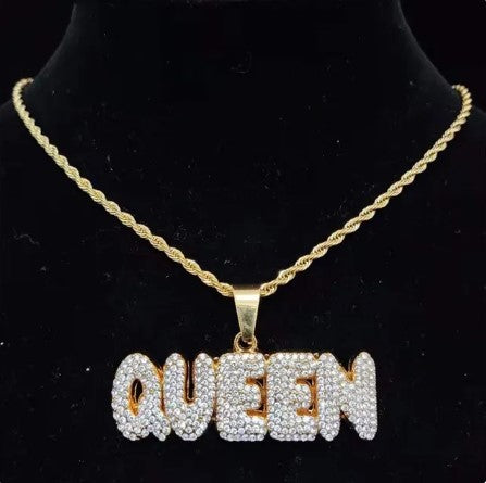 Regal Bling Royalty: KING QUEEN Letter Pendant Necklace on Miami Cuban Chain, Iced Out HipHop Necklaces for Men and Women, Fashion Jewelry