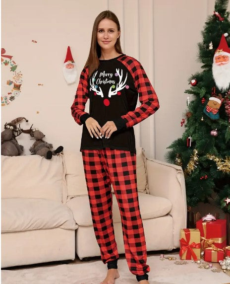 "Enchanting Festivities: Women's Christmas Elk Print Long Sleeve Crew Neck Pajama Set with Plaid Pants - Cozy Sleepwear & Loungewear"