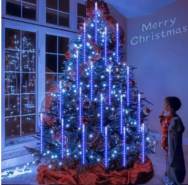 "Solar Meteor Shower Rain Lights: Festive Blue Outdoor Decoration Set for Thanksgiving, Halloween & Christmas"