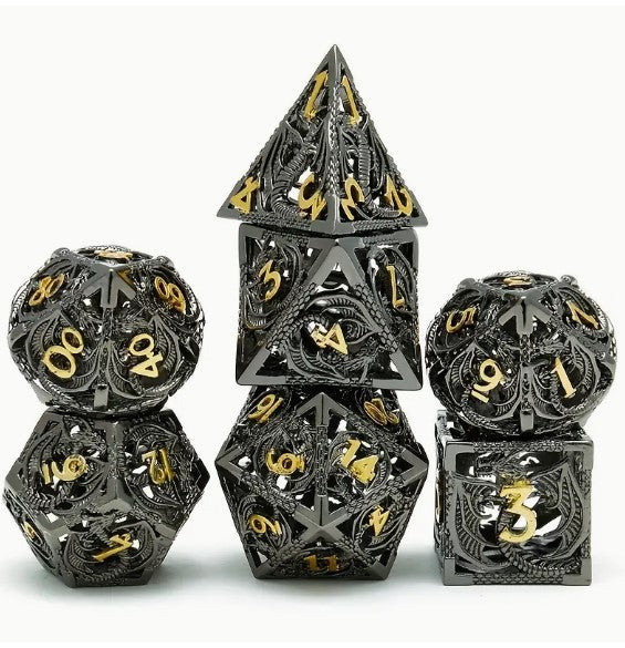 "Dragon's Trove: Hollow Polyhedron Metal Dice Set for Dungeons and Dragons, RPGs, MTG, and More - Unleash Adventure and Learning!"
