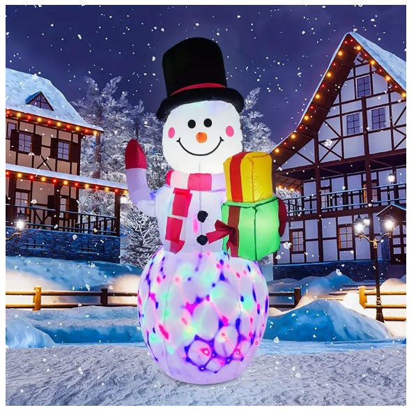 "Radiant Rotating Snowman: Outdoor Christmas Inflatable Yard Decor with LED Lights - Festive Blow-Up Decoration for Your Garden!"