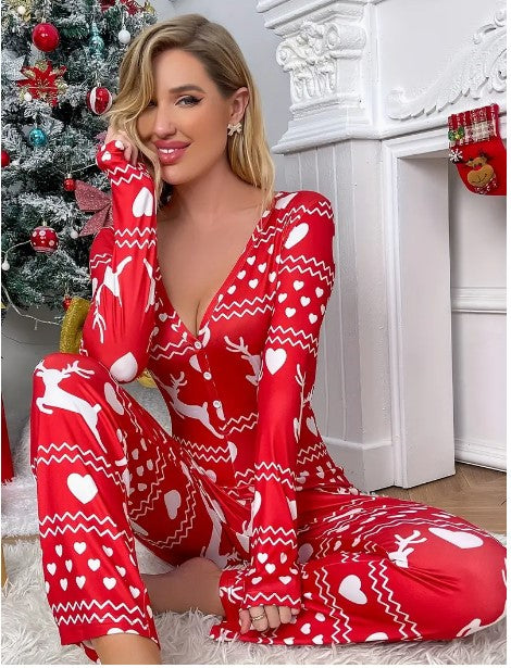 "Reindeer Serenity: Women's Christmas Deer Print Pajama Set - V Neck Long Sleeve Button-Up Top & Elastic Waistband Pants, Perfect Sleepwear & Loungewear"