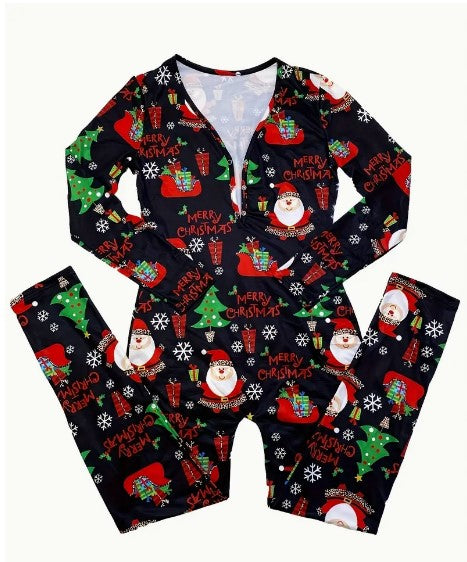 "Cozy Holiday Charm: Women's Christmas Print V-Neck Button Long Sleeve Lounge Jumpsuit"