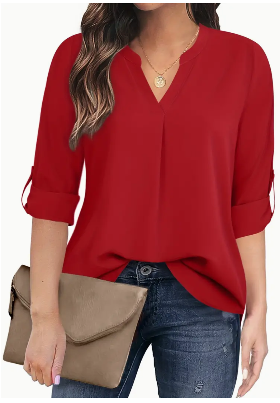 Elegance in Comfort: Plus Size Casual T-shirt – Women's Plus Solid Notched Neck Three Quarter Sleeve with Button Decor, Slight Stretch Blouse!