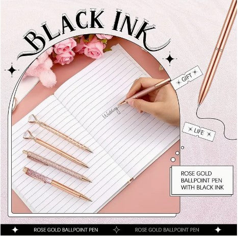 Radiant Elegance: 8pcs Rose Golden Ballpoint Pen Set with Liquid Sand Glitter, Metal Crystal Diamond Pens - Girly Black Ink, Perfect Gifts for Weddings, Office Desks, and Elegant Stationery!