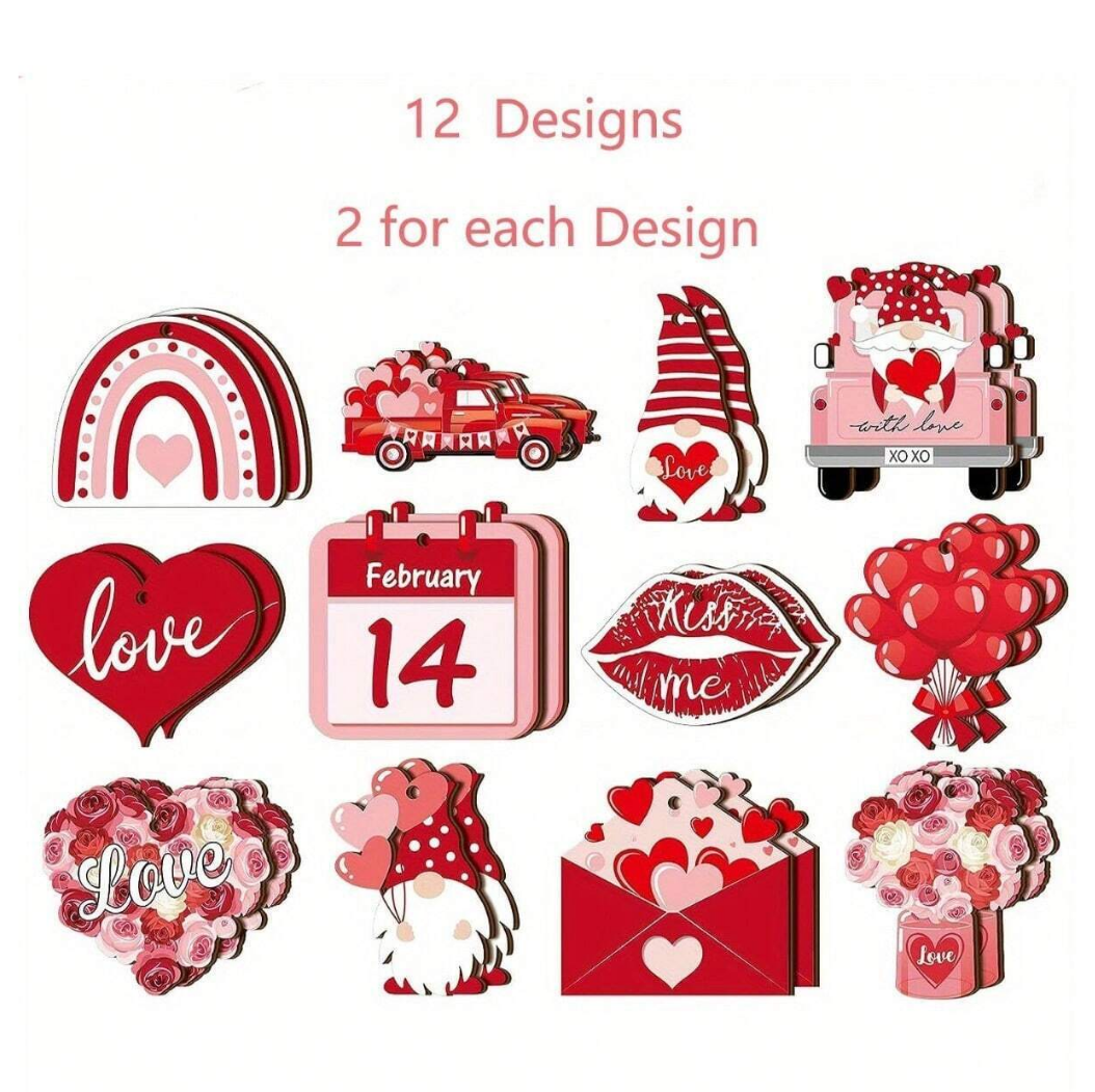 Whimsical Love in Bloom: 24pcs Valentine's Day Pink Wooden Hanging Ornaments for Festive Decor, Tree Delights, and Garden Magic!