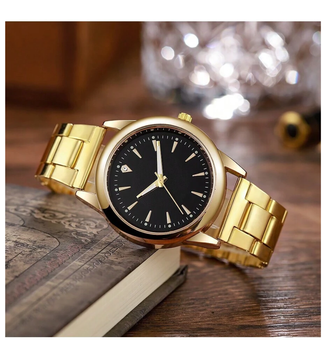 Golden Glamour: Stainless Steel Quartz Watches - A Stylish Couple's Gift Set"