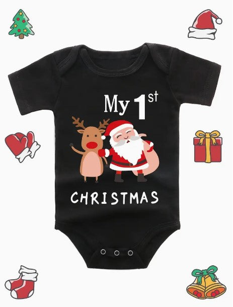 "Santa's Little Cutie: Baby's 'My 1st Christmas' Elk and Santa Claus Print Triangle Jumpsuit - Newborn Short-Sleeved Romper and Pajamas"