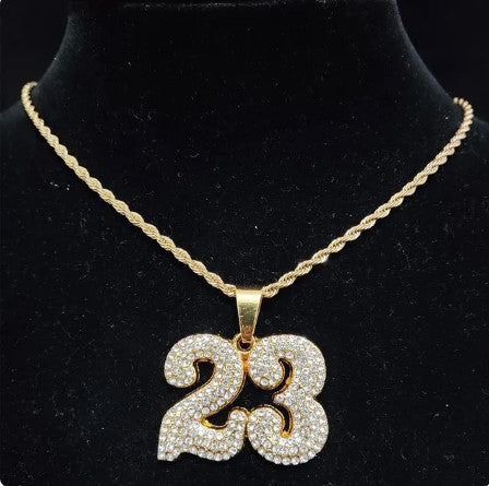 Show-Stopping Bling: Hip Hop Number 23 Crystal Pendant Necklace on Cuban Chain for Men and Women, Fashion Charm Jewelry