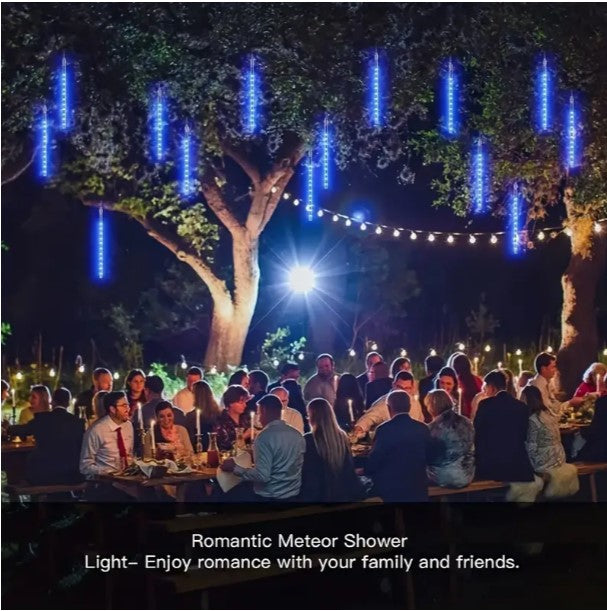 "Solar Meteor Shower Rain Lights: Festive Blue Outdoor Decoration Set for Thanksgiving, Halloween & Christmas"