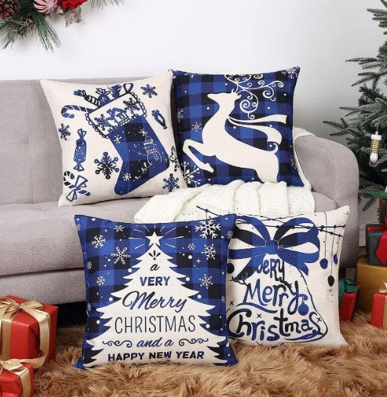 Enchant Your Space with 4pcs/set 18x18 Inches Blue Christmas Pillow Covers Festive Square Linen Sofa Cushion Covers for Magical Christmas Theme Decor