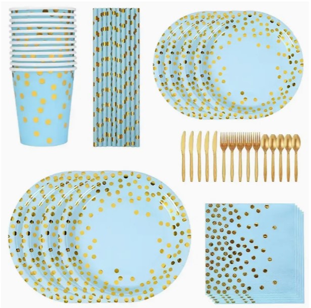 Golden Splendor: 200pcs Polka Dot Tableware Set - Black, Pink, and Blue Theme for Birthday Parties, Complete with Cups, Plates, Straws, and Utensils