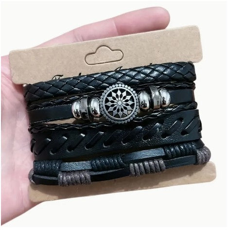Vintage Verve: 4Pcs/set Fashionable Leather Woven Handmade Bracelet - Elevate Your Style with Men's Charm Bracelets