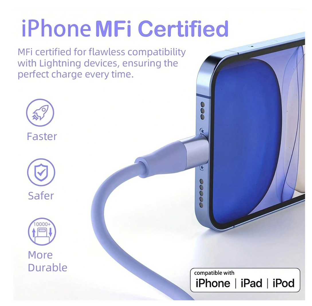 Swift Charge Elegance: 1 MFi Certified 6FT Type C to Lightning Cable – Lightning Fast Charging for iPhone 14 to SE, iPad Mini, and More in a Spectrum of Stylish Colors!