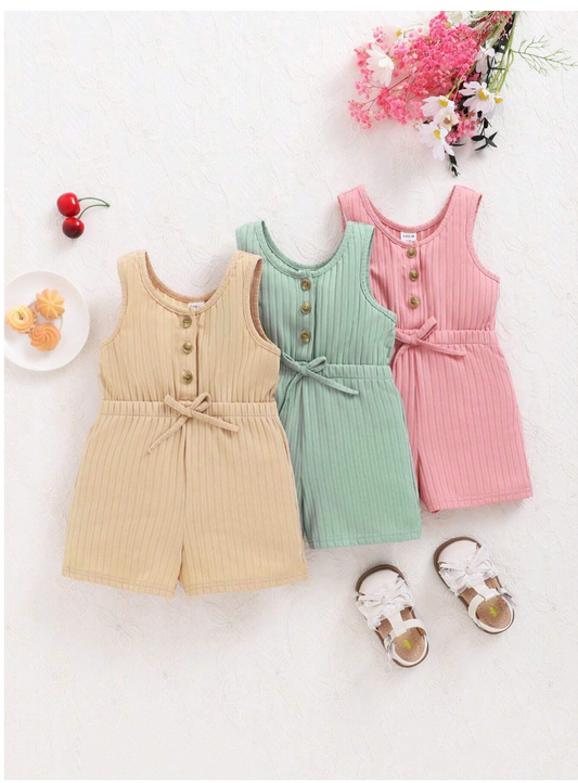 Sweet & Stylish: Baby Girl's Knitted Solid Color Tank Top Shorts 3-Piece Set for Casual Charm!
