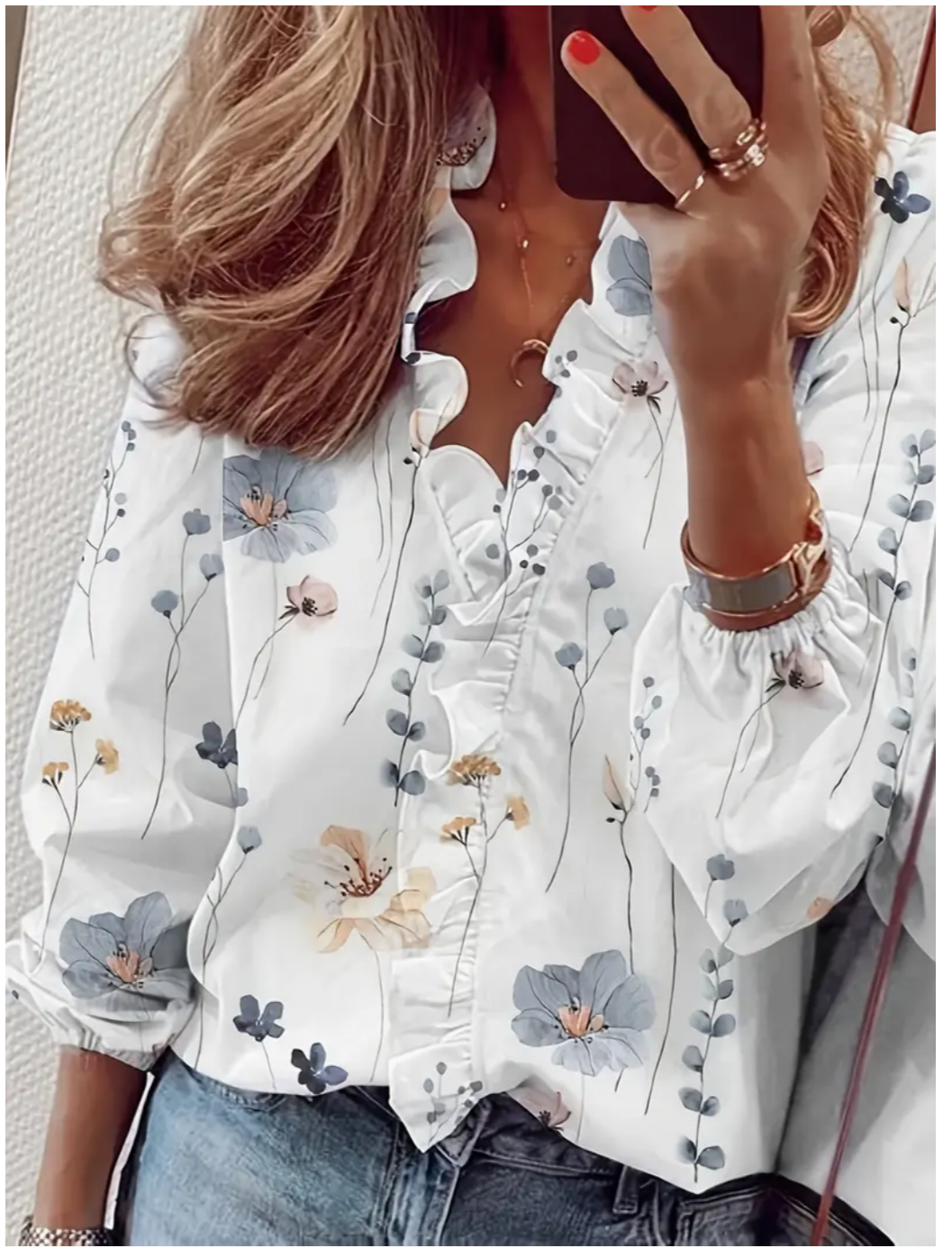 Blossoming Beauty: Plus Size Floral Print Blouse with Lantern Sleeves, Ruffle Trim, and V-Neck Elegance - Your Perfect Casual Chic Statement!