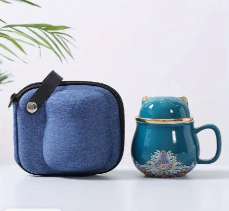 Lucky Charm on-the-Go: Ceramic Portable Designed Lucky Cat Tea Mug - Your Travel, Office Companion, or Gift of Serenity!
