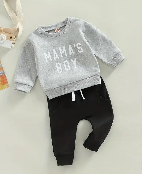 "MAMA'S BOY Chic: Adorable Matching Long Sleeve Sweatshirt and Trousers Set for Baby Boys - Comfortable Style Statement!"