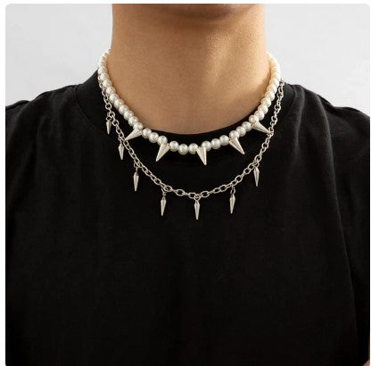 "Punk Elegance: Hiphop Layered Stainless Steel Choker Necklace Set with Pearl Beads, Spikes, and Cross Pendant - 2023