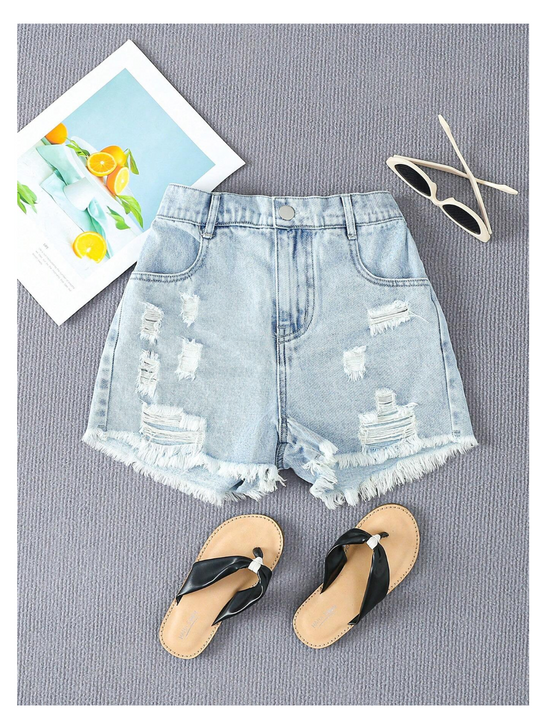 Summer Swagger: Tween Hip Hop Chic in Distressed Denim Shorts!