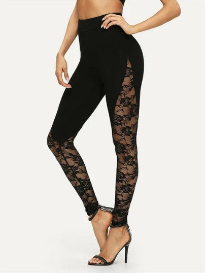 Sultry Elegance: High Waist Black Lace Leggings with Floral Side Panels