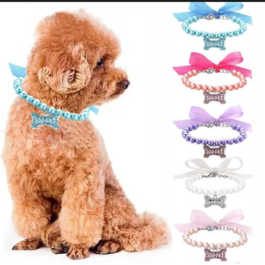 Imitation Pearl Cute Dog Necklace Pet Collar Accessories Jewelry Neck Chain For Small Dogs Large Dog Cats 5 colors