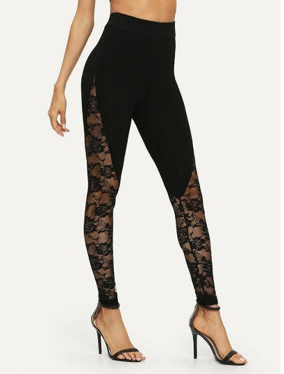 Sultry Elegance: High Waist Black Lace Leggings with Floral Side Panels
